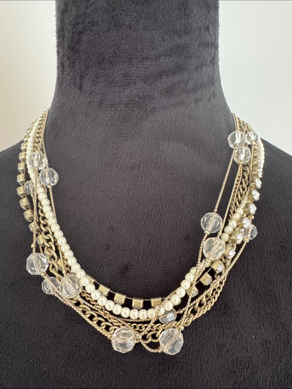 Multi-Strand Gold and Clear Crystal Statement Necklace